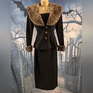 Vintage 90s THE ICING faux fur collar and cuffs two-piece suit pencil skirt sz 4